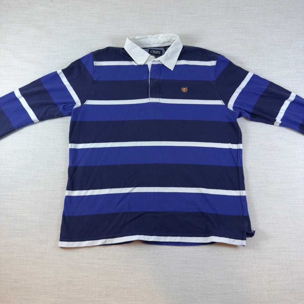 Chaps Mens XL Rugby Shirt Blue Navy White Striped Long Sleeve Polo Crest Logo